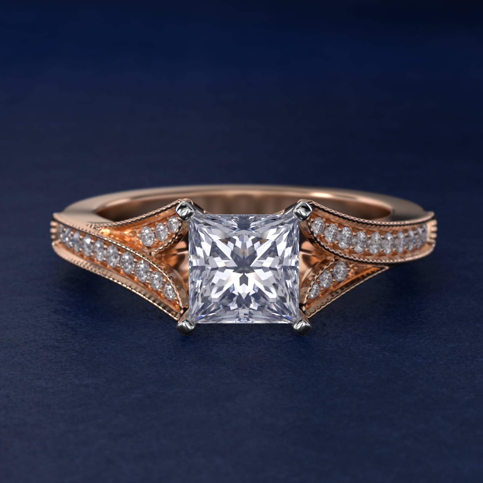 Milgrain and Pavé V-Shank Princess Diamond Engagement Ring