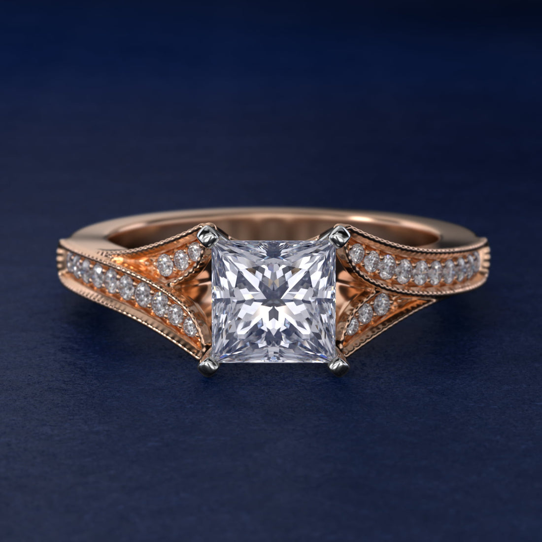 Milgrain and Pavé V-Shank Princess Diamond Engagement Ring