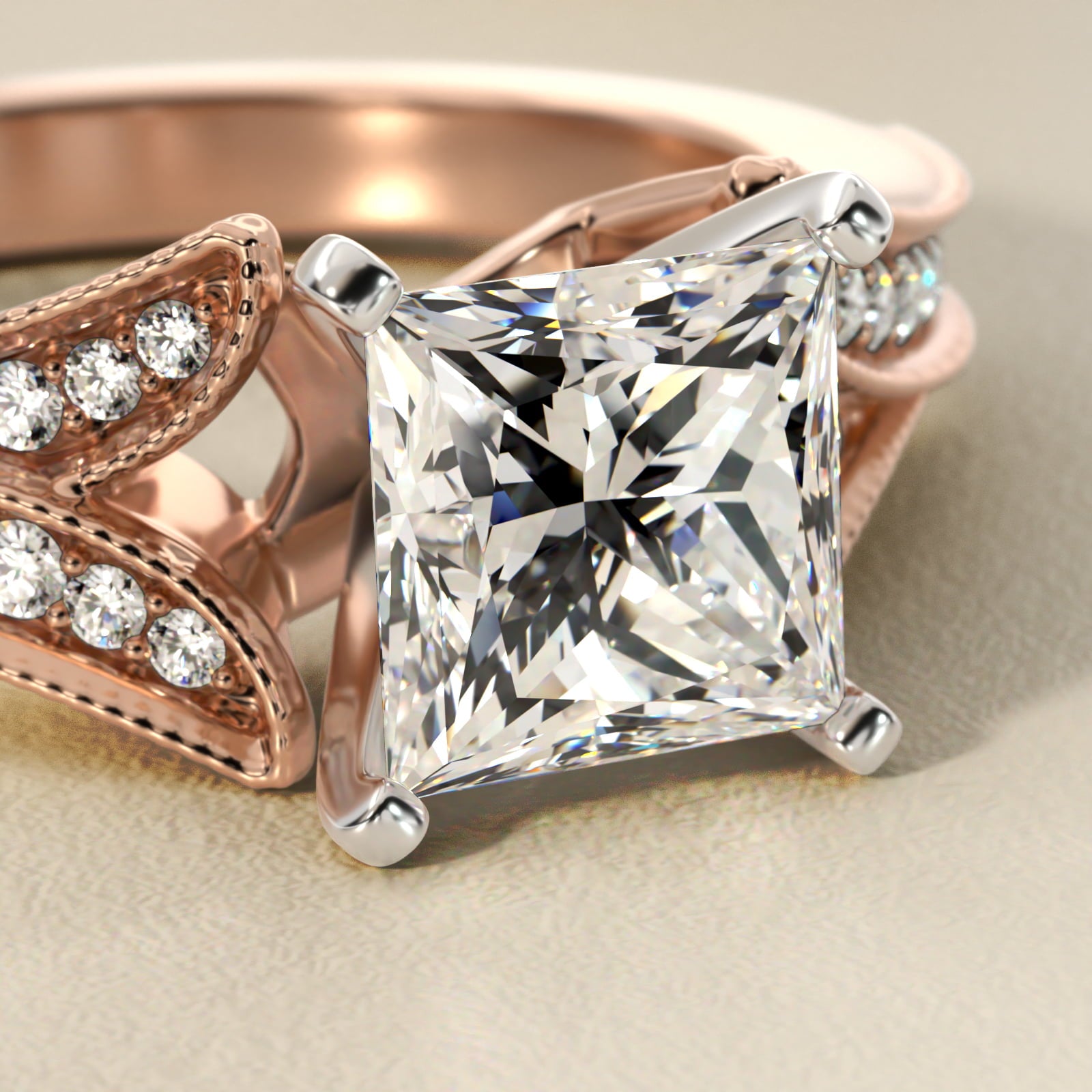 Milgrain and Pavé V-Shank Princess Diamond Engagement Ring