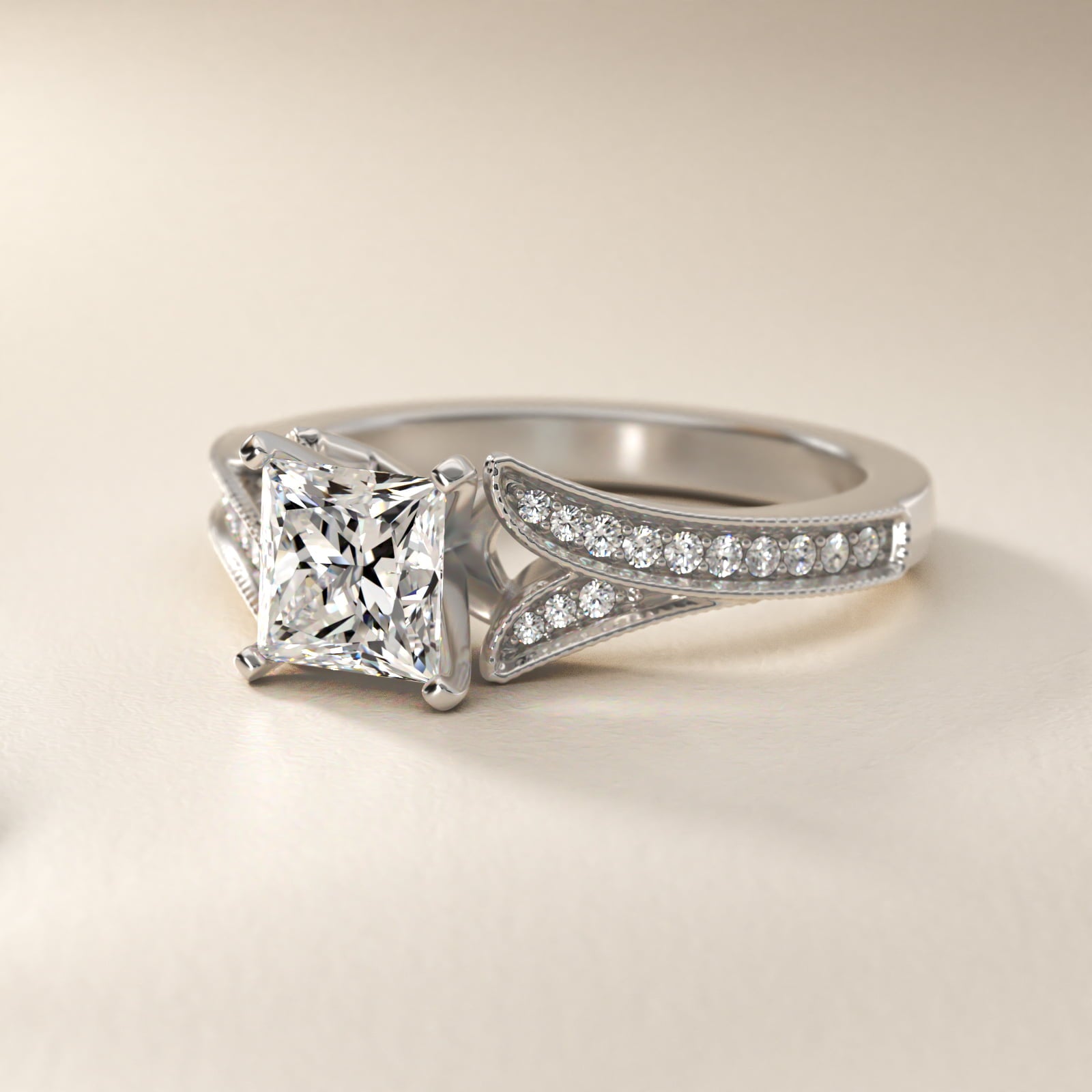 Milgrain and Pavé V-Shank Princess Diamond Engagement Ring