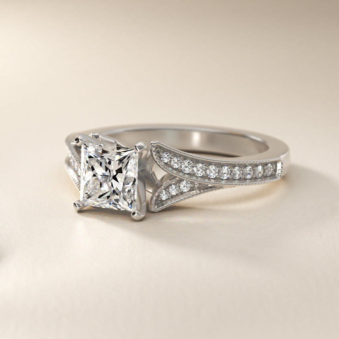 Milgrain and Pavé V-Shank Princess Diamond Engagement Ring