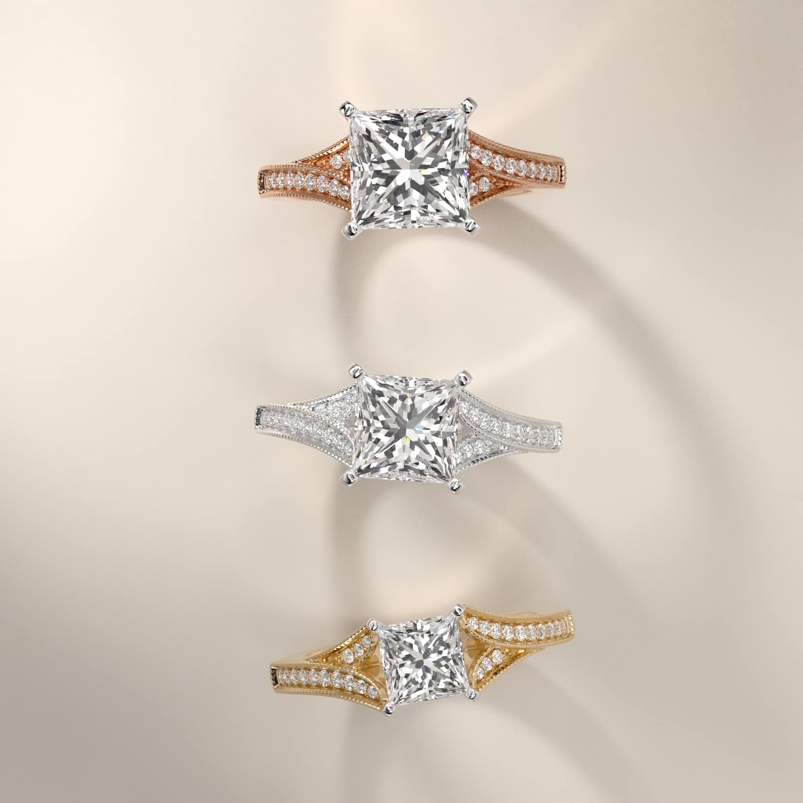 Milgrain and Pavé V-Shank Princess Diamond Engagement Ring