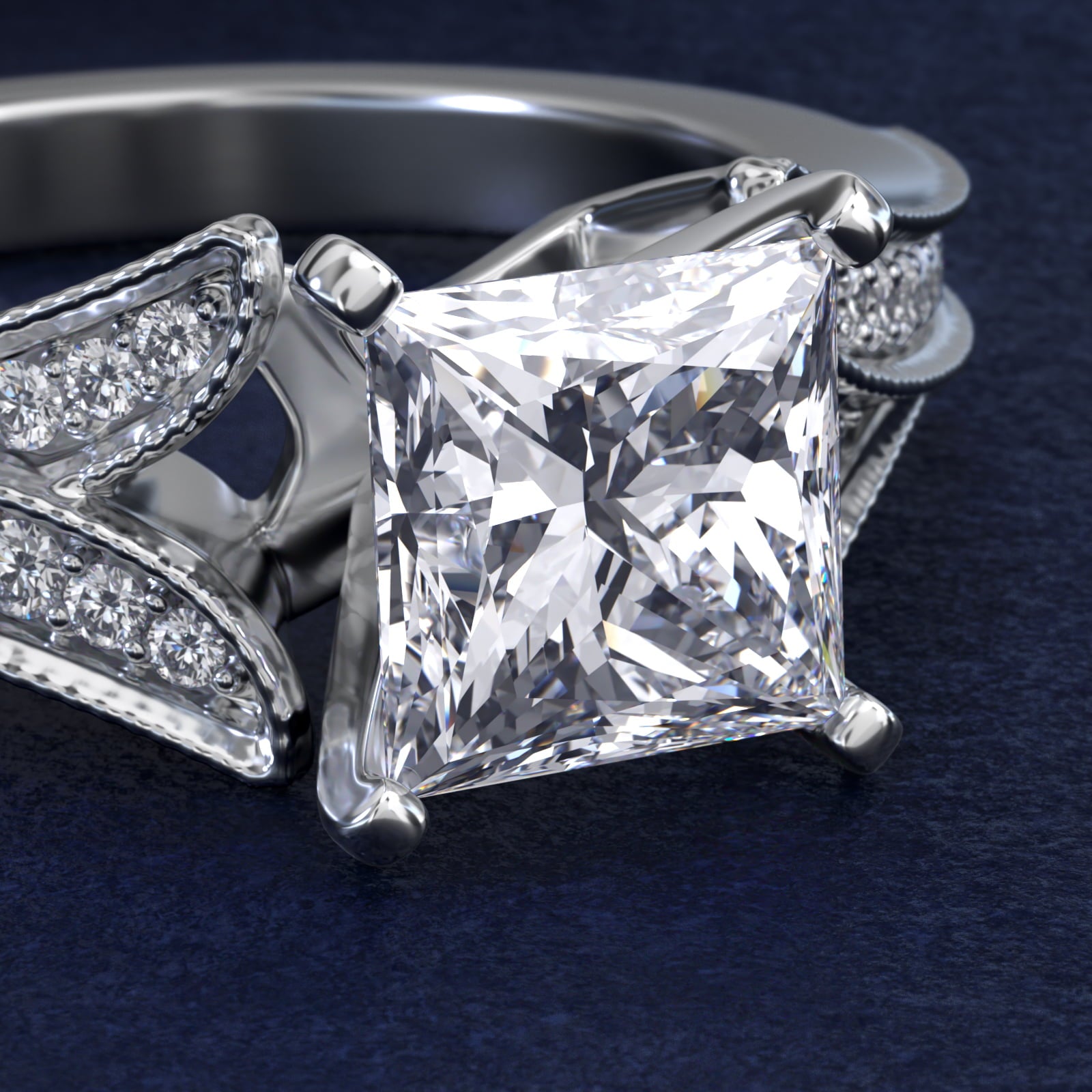 Milgrain and Pavé V-Shank Princess Diamond Engagement Ring