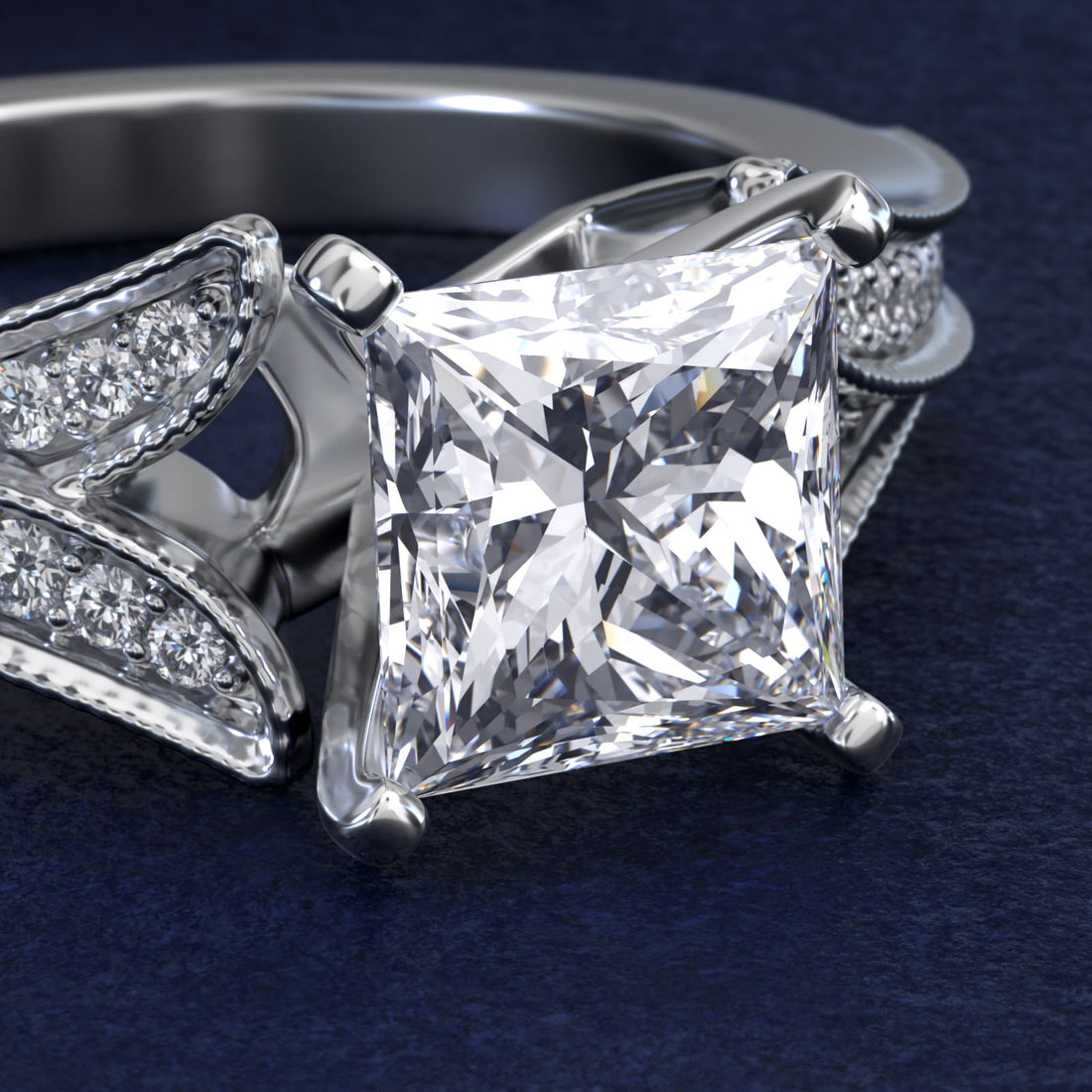 Milgrain and Pavé V-Shank Princess Diamond Engagement Ring
