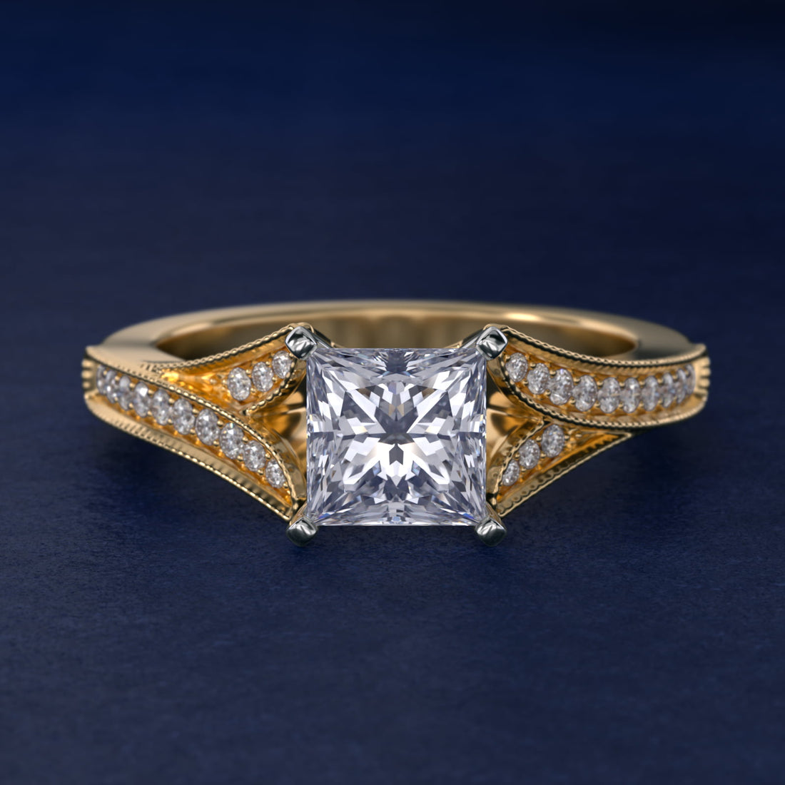 Milgrain and Pavé V-Shank Princess Diamond Engagement Ring