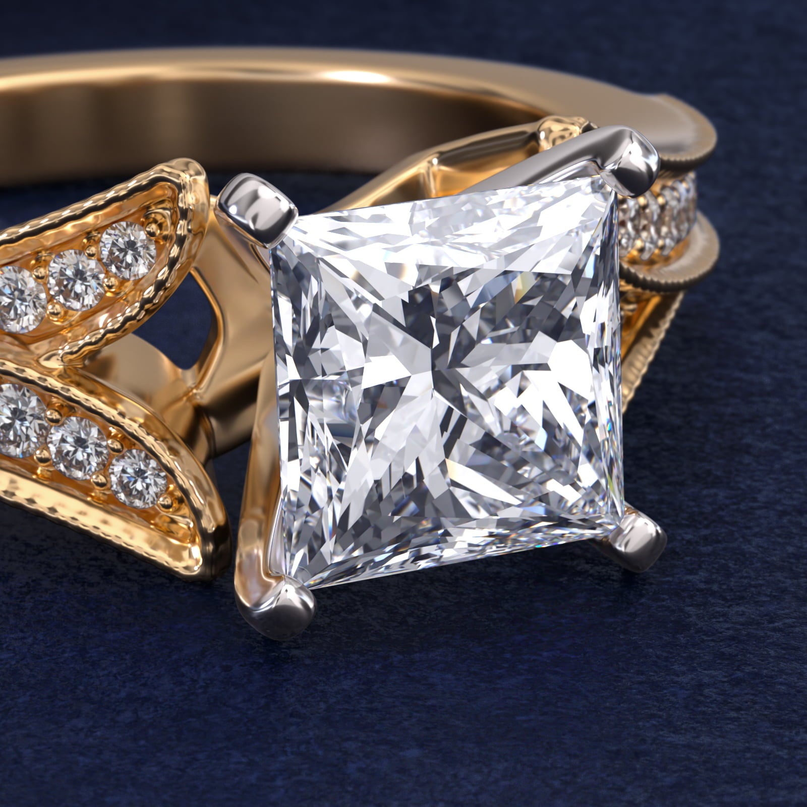 Milgrain and Pavé V-Shank Princess Diamond Engagement Ring