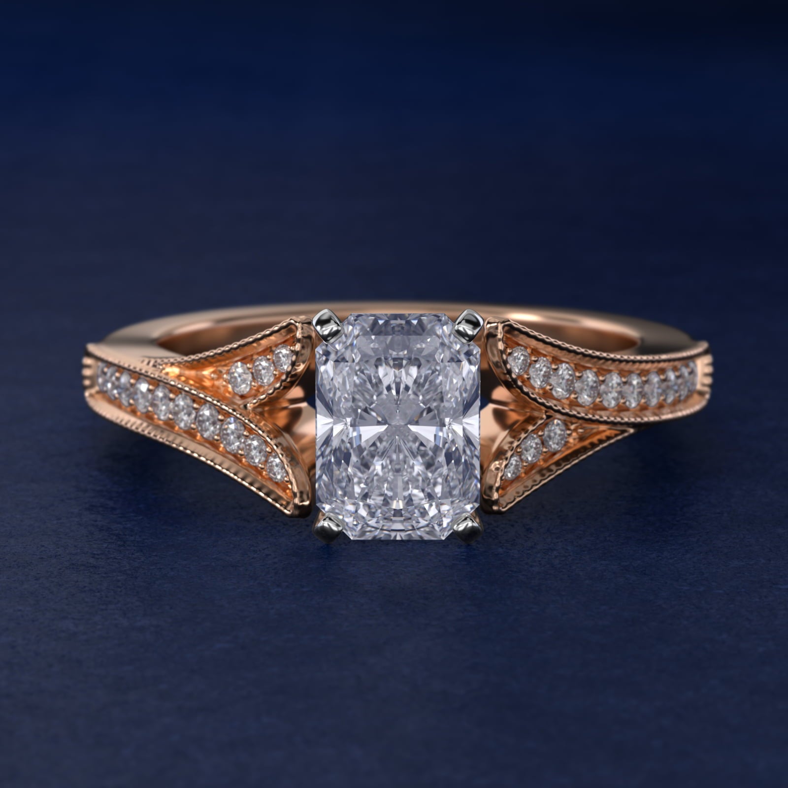 Milgrain and Pavé V-Shank Radiant Diamond Engagement Ring