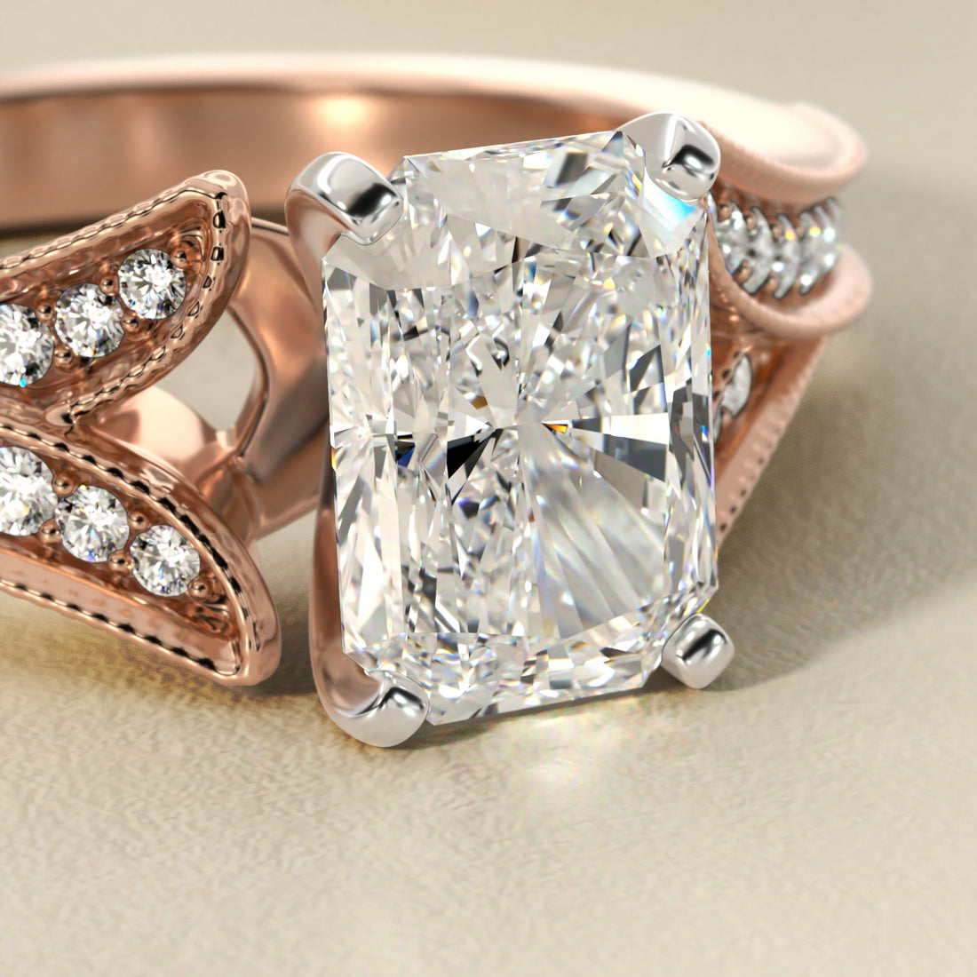 Milgrain and Pavé V-Shank Radiant Diamond Engagement Ring