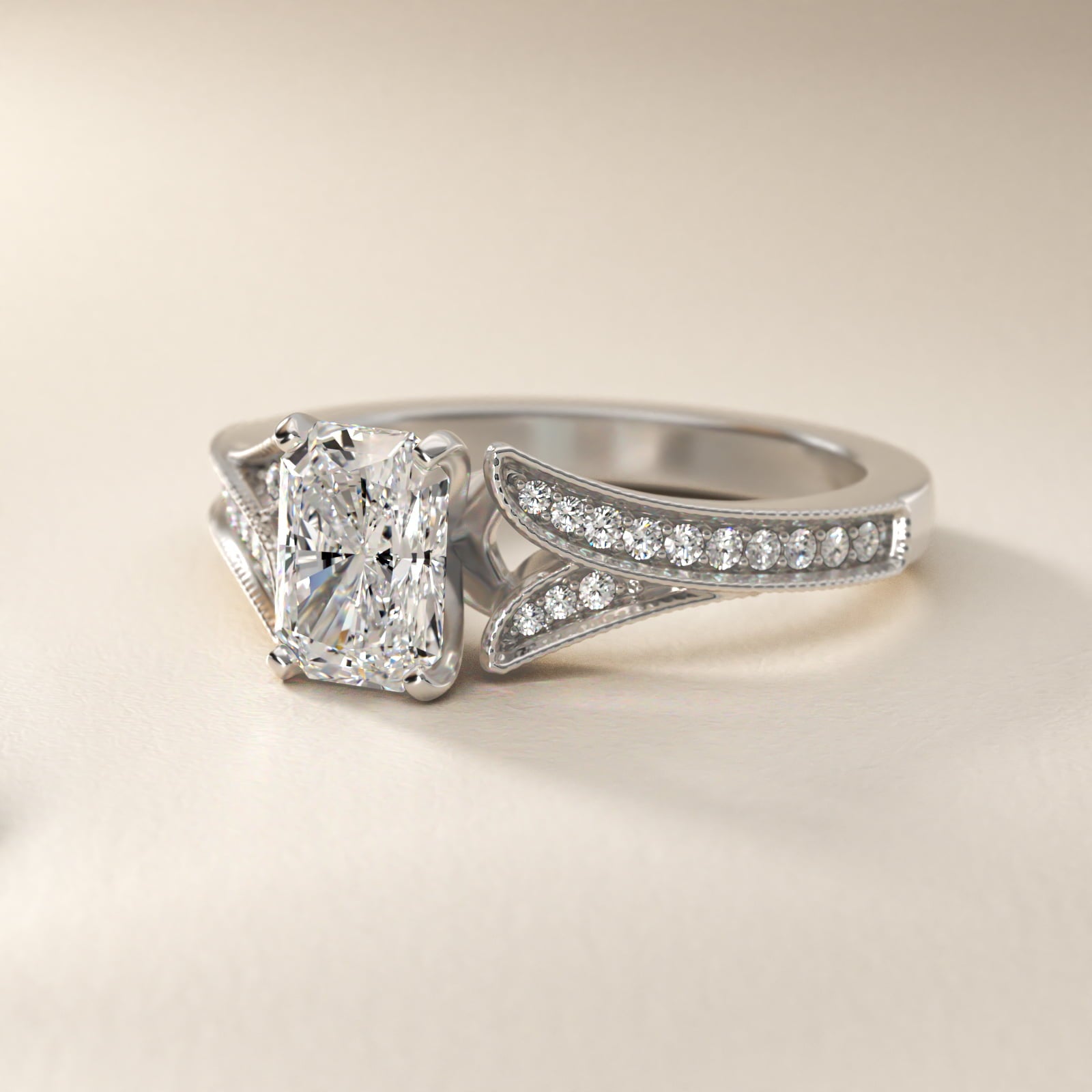 Milgrain and Pavé V-Shank Radiant Diamond Engagement Ring
