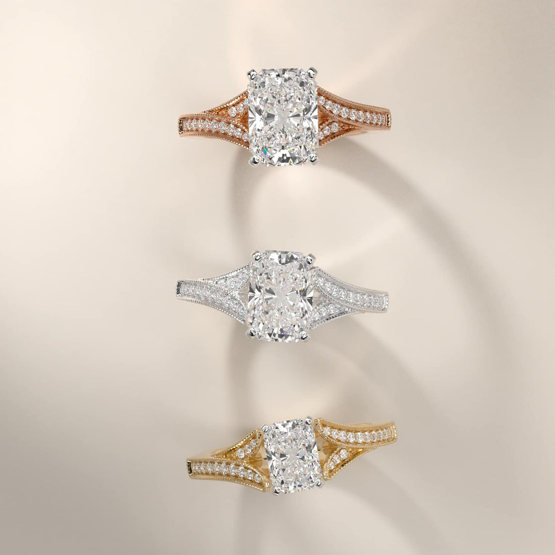 Milgrain and Pavé V-Shank Radiant Diamond Engagement Ring