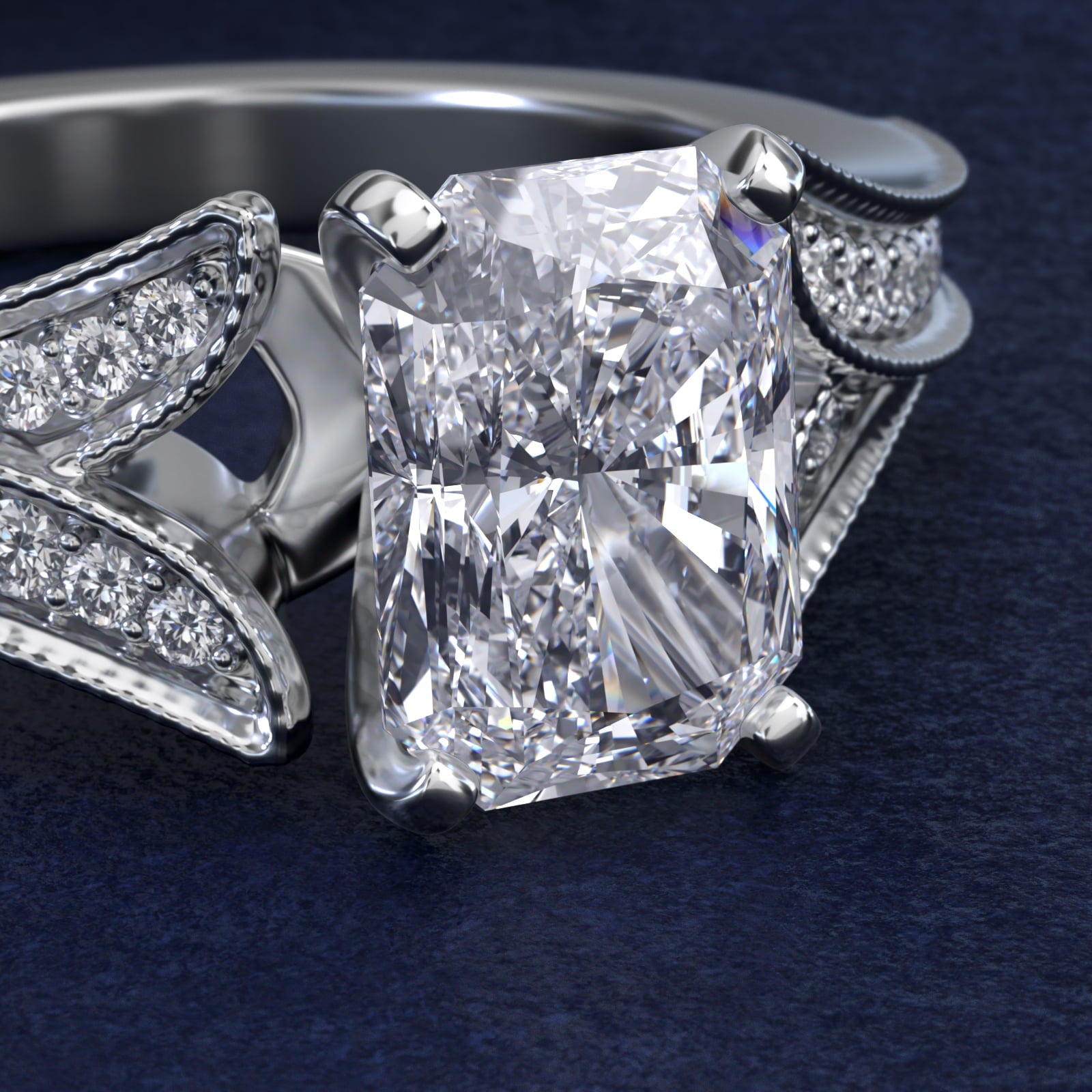 Milgrain and Pavé V-Shank Radiant Diamond Engagement Ring
