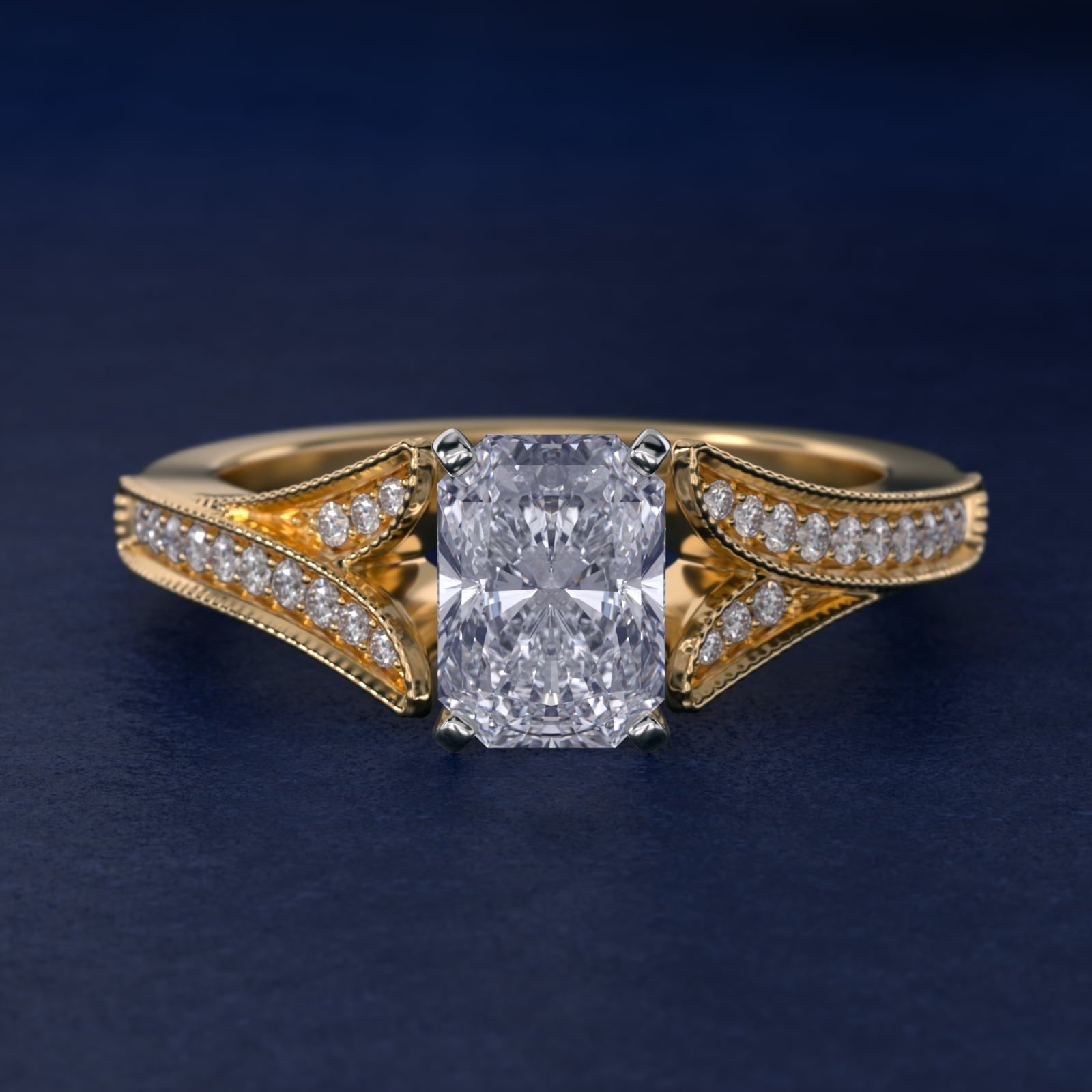 Milgrain and Pavé V-Shank Radiant Diamond Engagement Ring