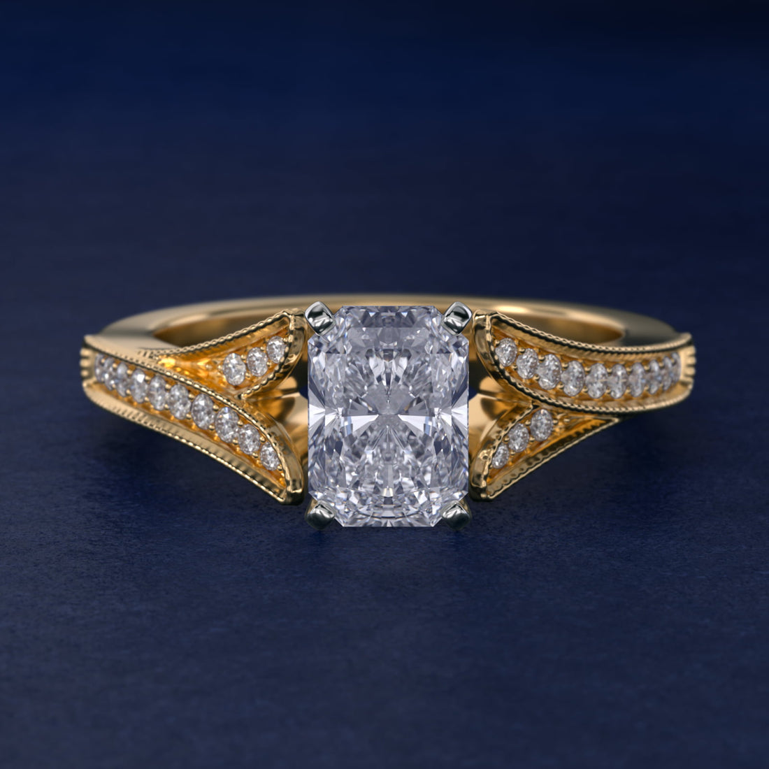 Milgrain and Pavé V-Shank Radiant Diamond Engagement Ring