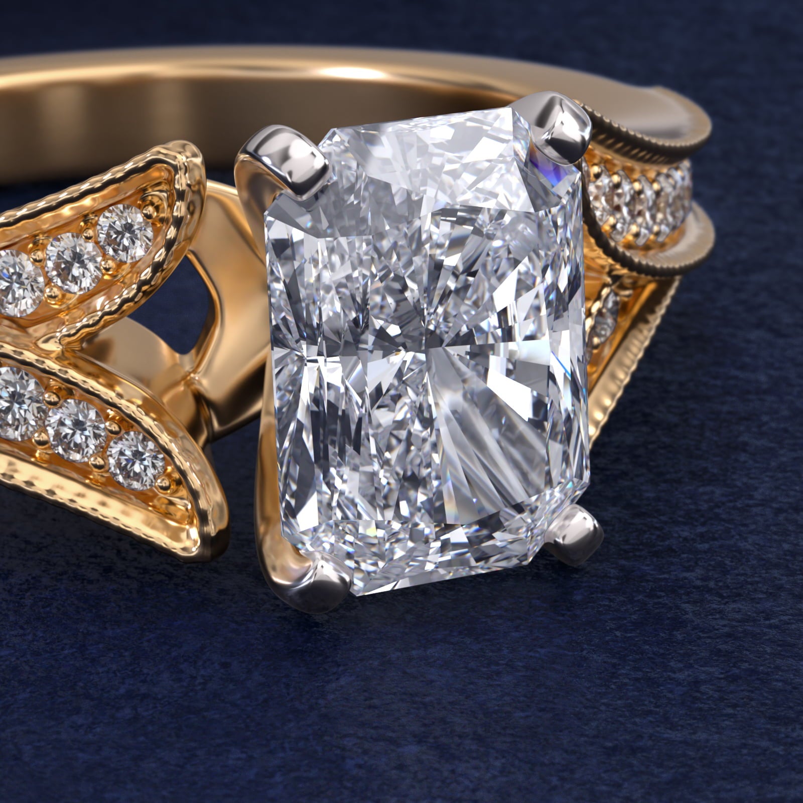 Milgrain and Pavé V-Shank Radiant Diamond Engagement Ring