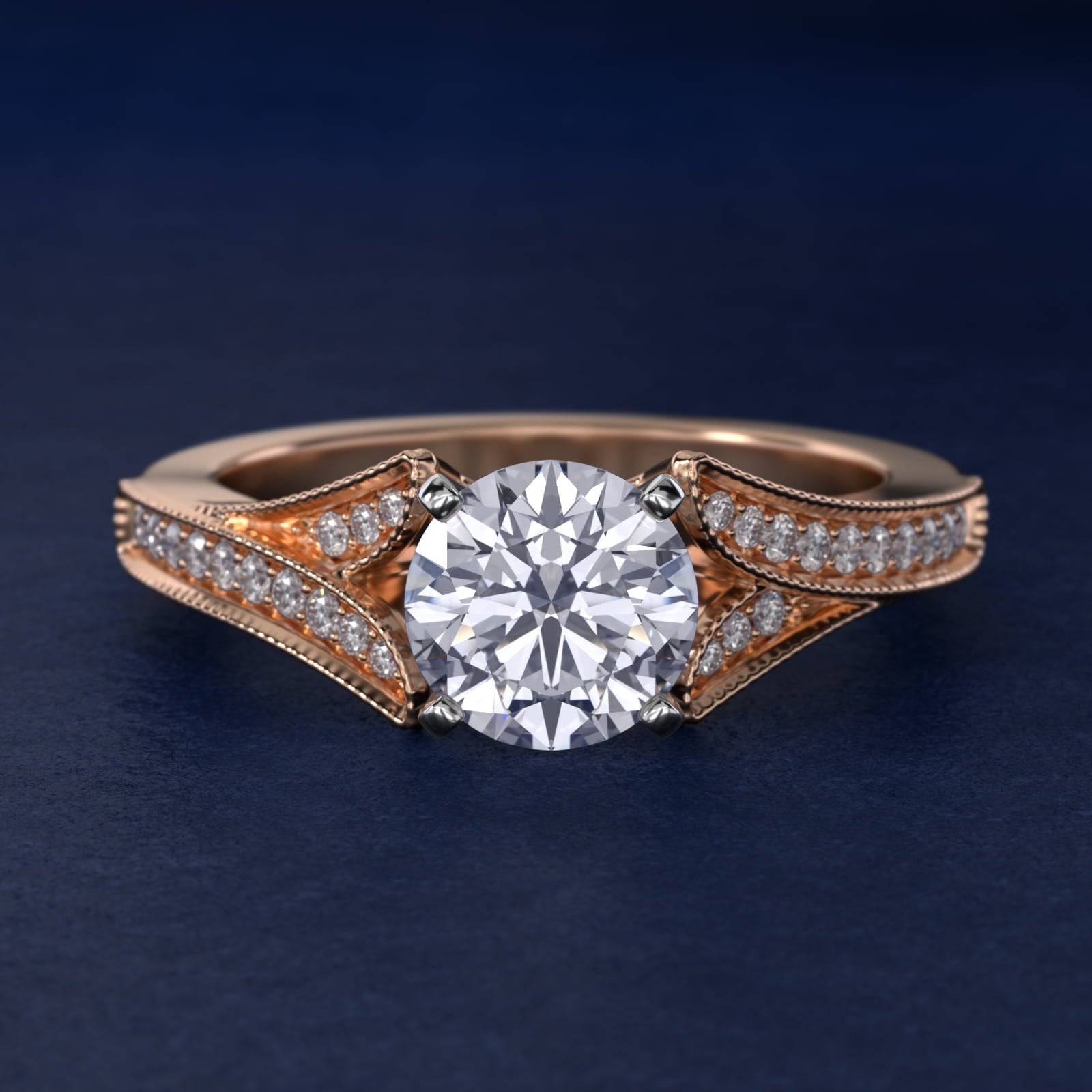 Milgrain and Pavé V-Shank Round Diamond Engagement Ring