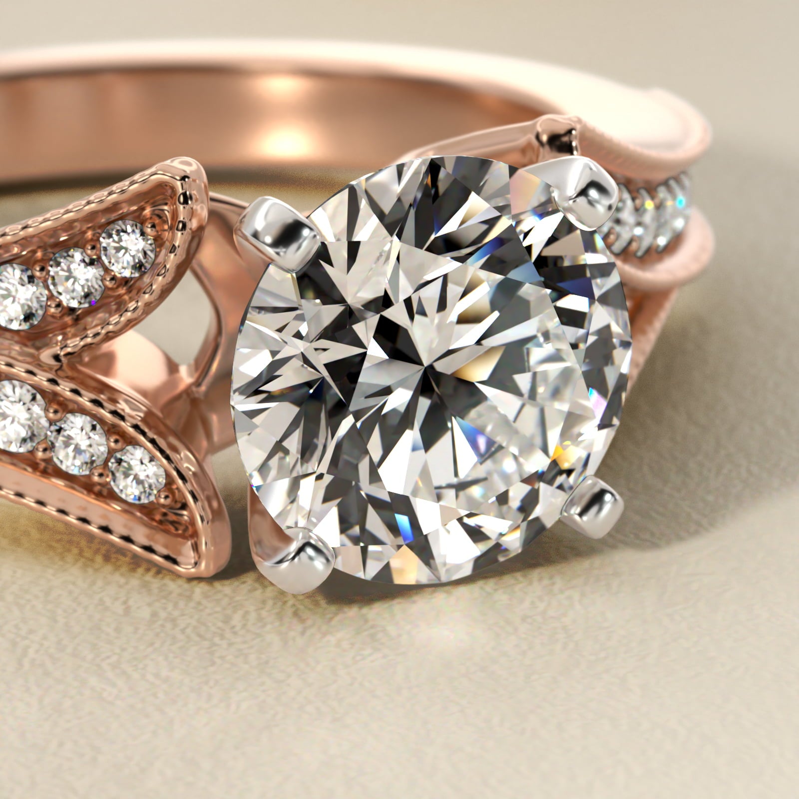 Milgrain and Pavé V-Shank Round Diamond Engagement Ring
