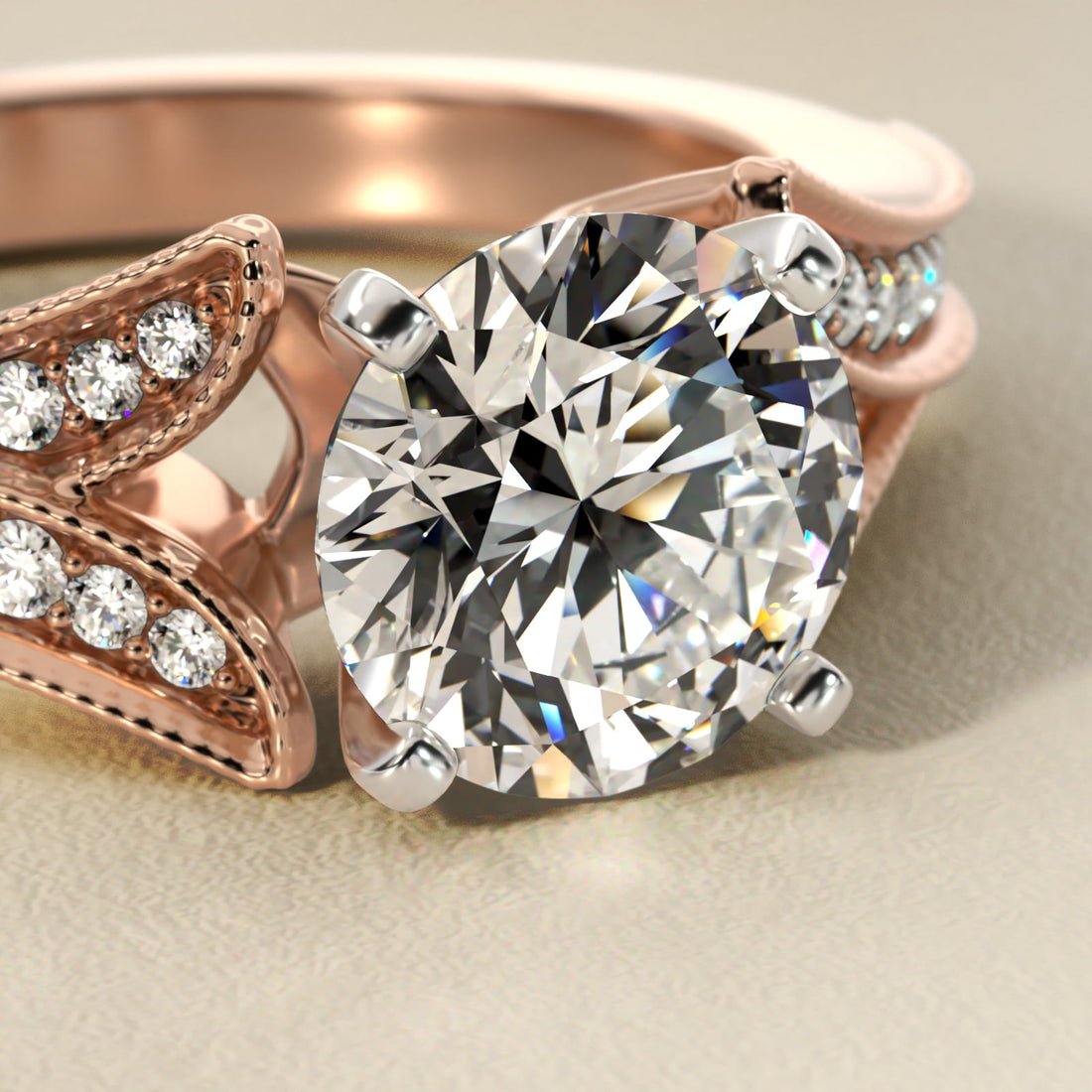 Milgrain and Pavé V-Shank Round Diamond Engagement Ring