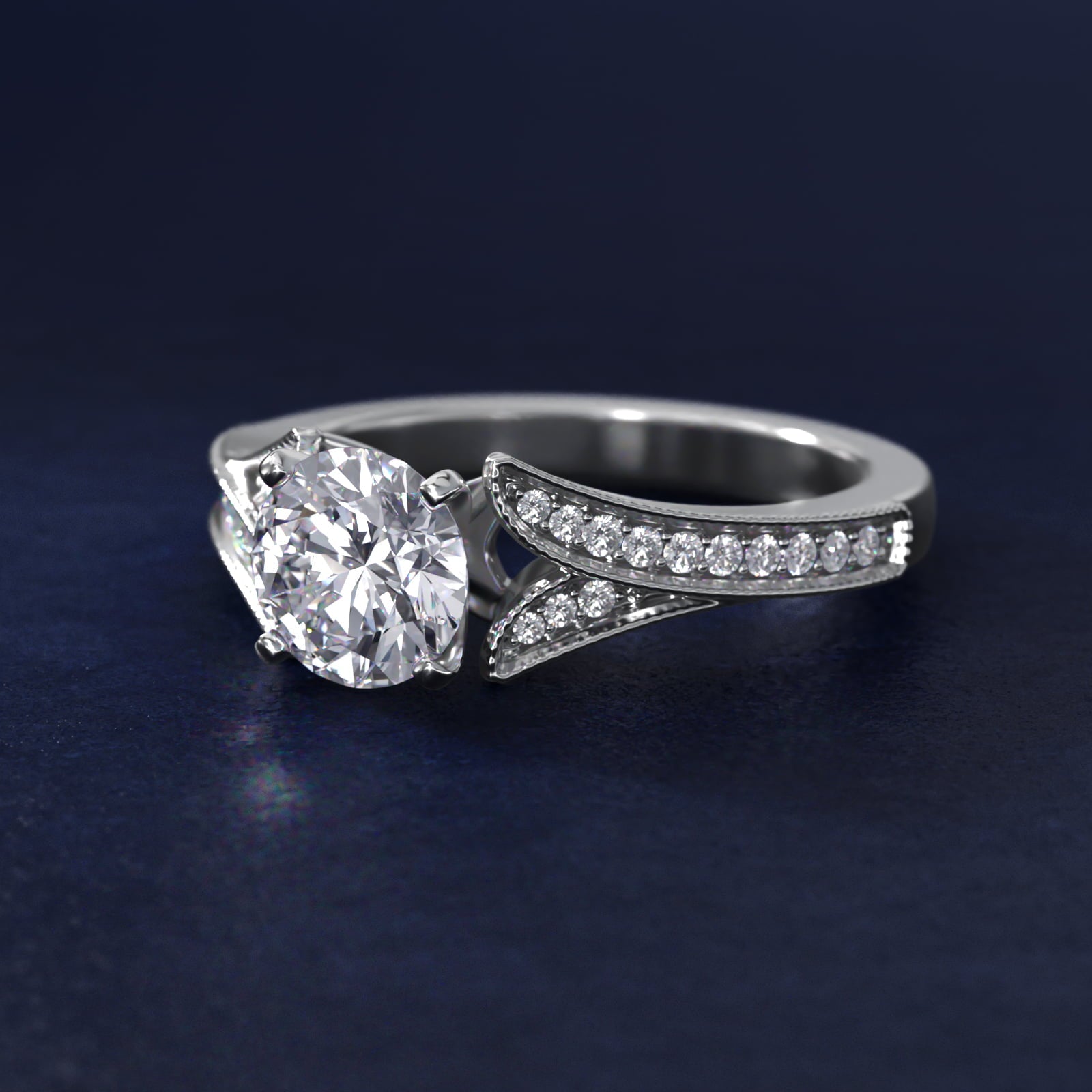 Milgrain and Pavé V-Shank Round Diamond Engagement Ring