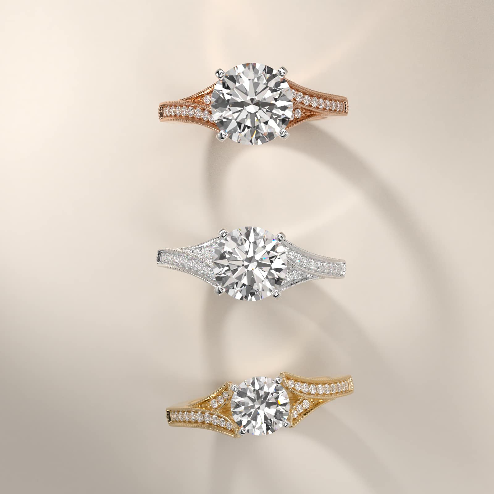 Milgrain and Pavé V-Shank Round Diamond Engagement Ring