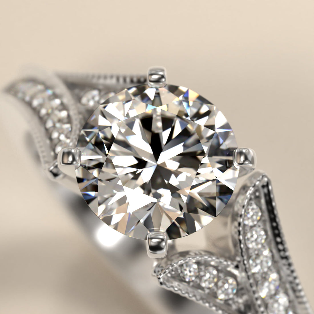 Milgrain and Pavé V-Shank Round Diamond Engagement Ring