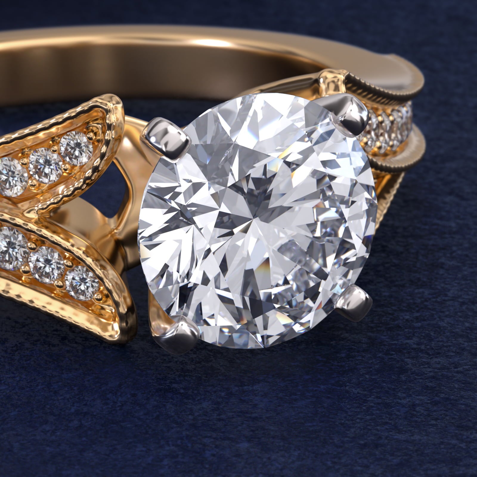 Milgrain and Pavé V-Shank Round Diamond Engagement Ring