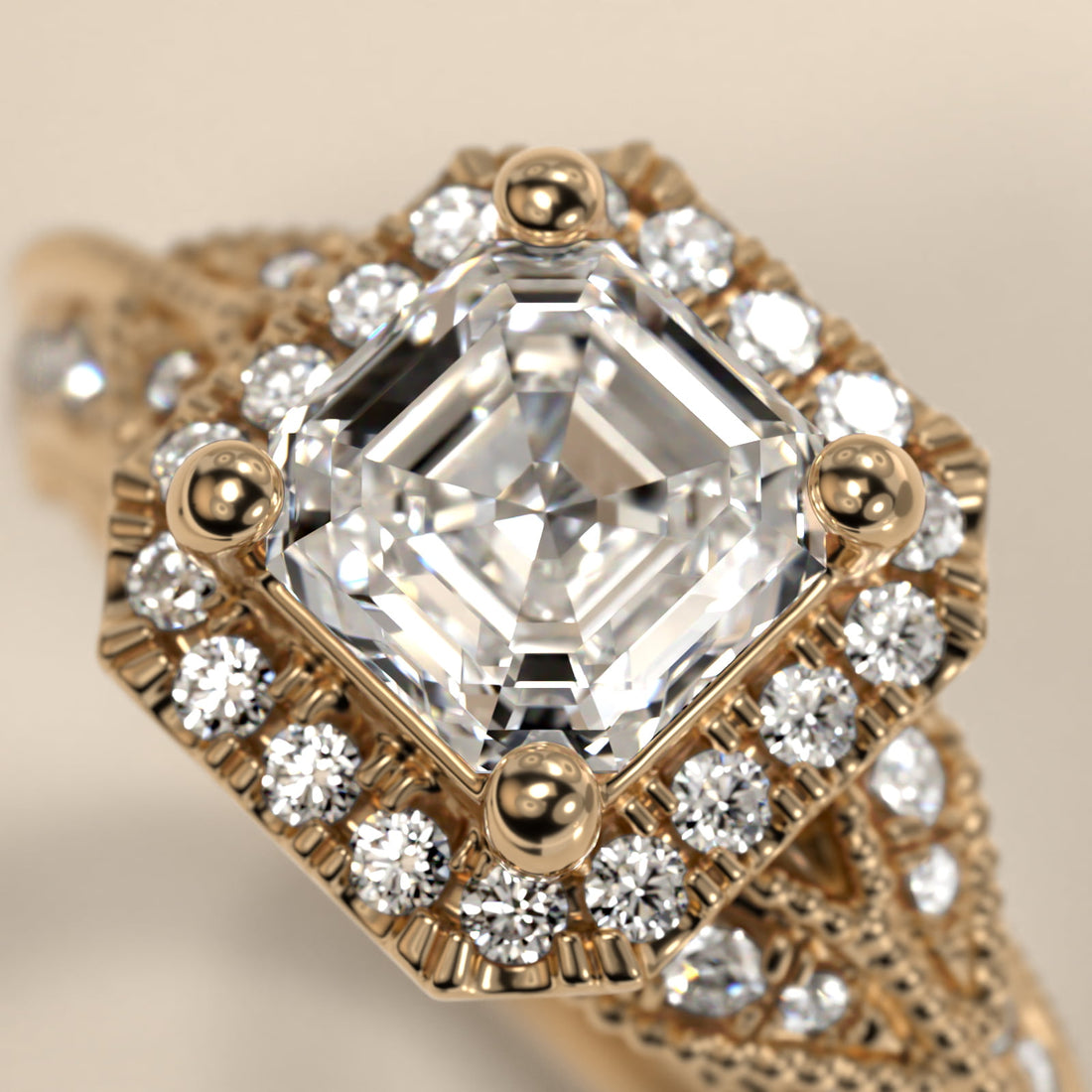 Vintage Milgrain Halo Asscher Diamond Engagement Ring