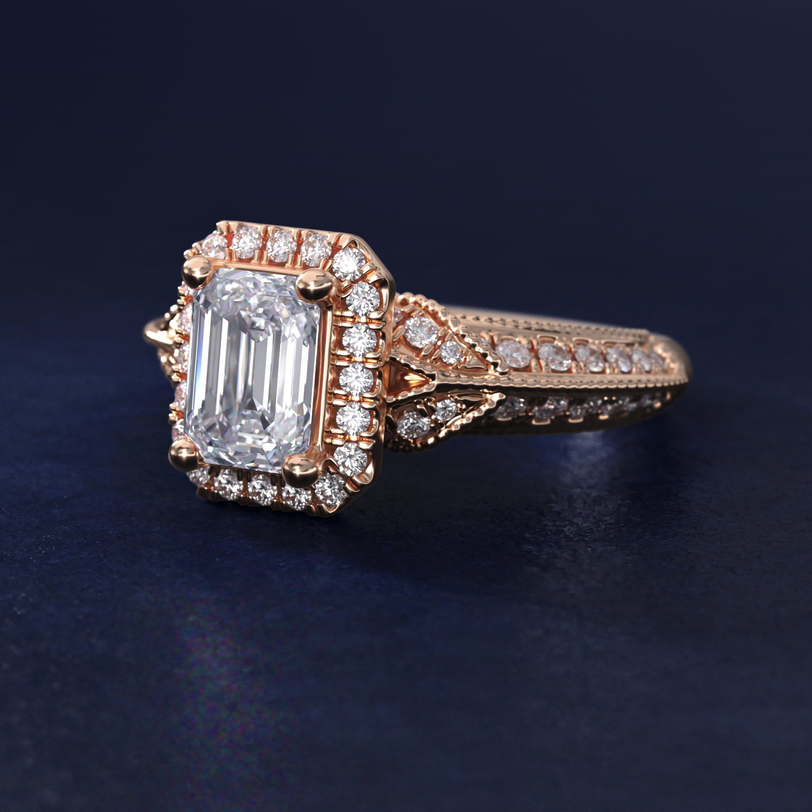 Vintage Milgrain Halo Emerald Diamond Engagement Ring
