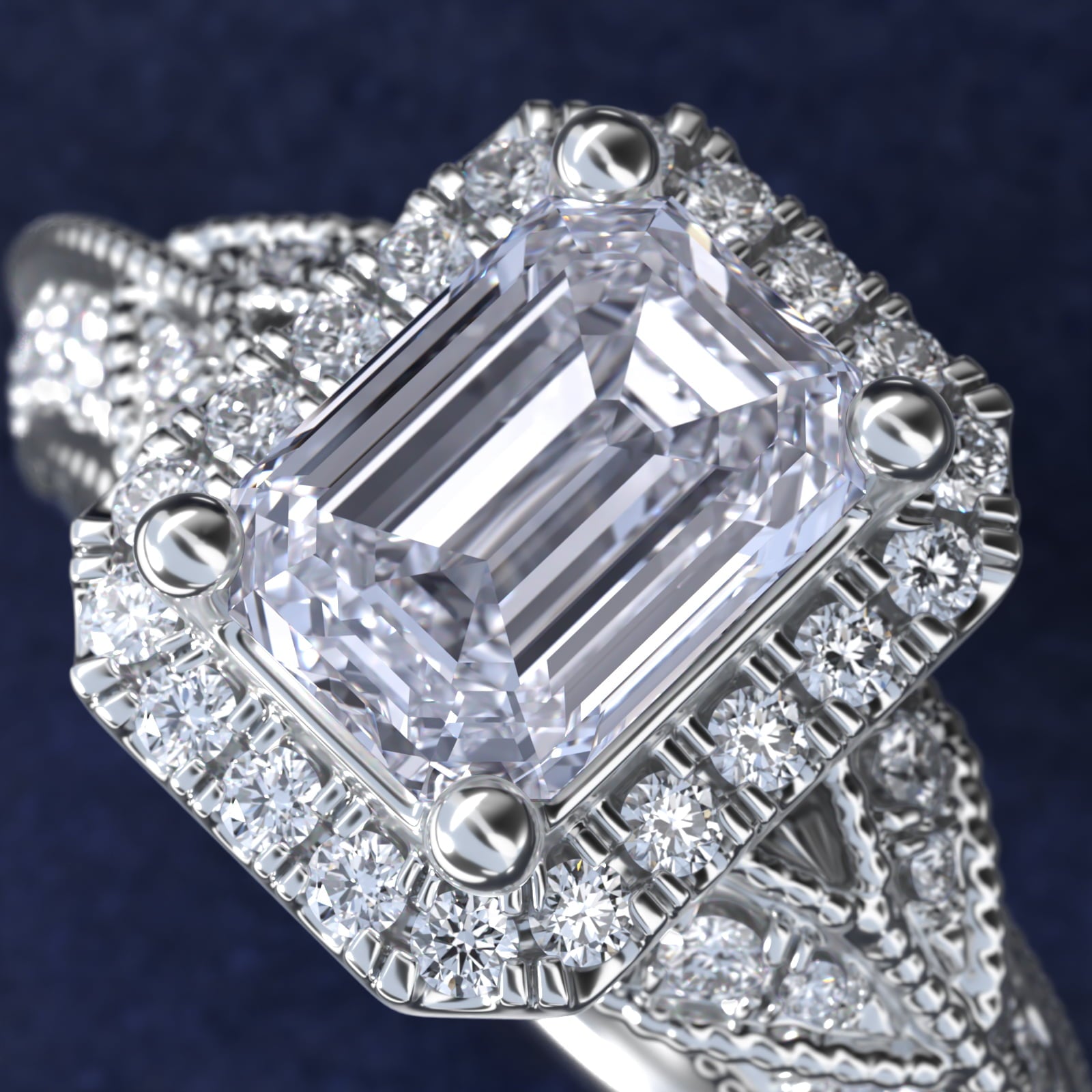 Vintage Milgrain Halo Emerald Diamond Engagement Ring