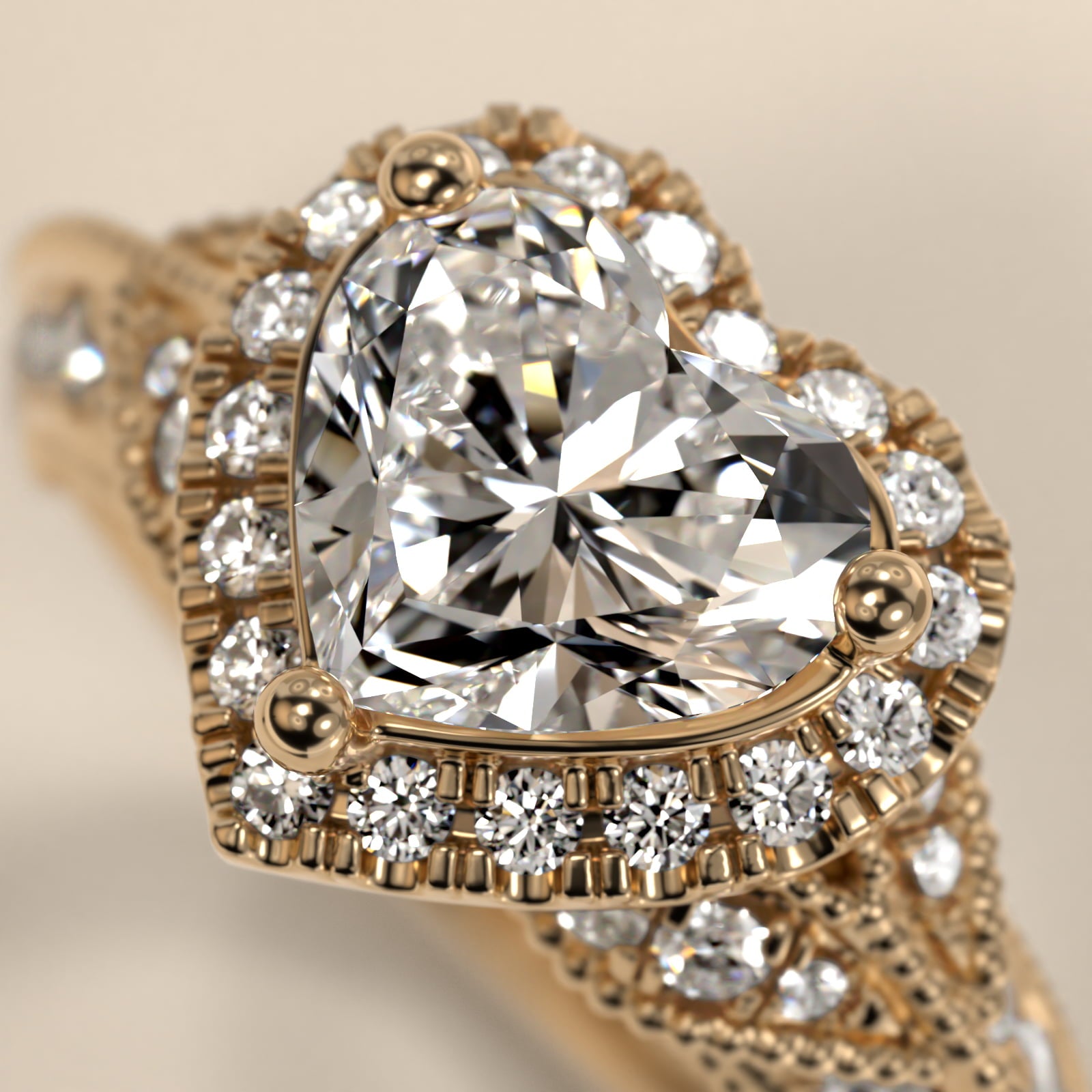 Vintage Milgrain Halo Heart Diamond Engagement Ring
