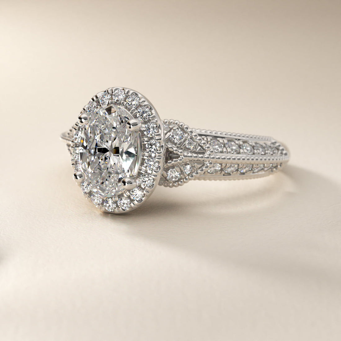 Vintage Milgrain Halo Oval Diamond Engagement Ring