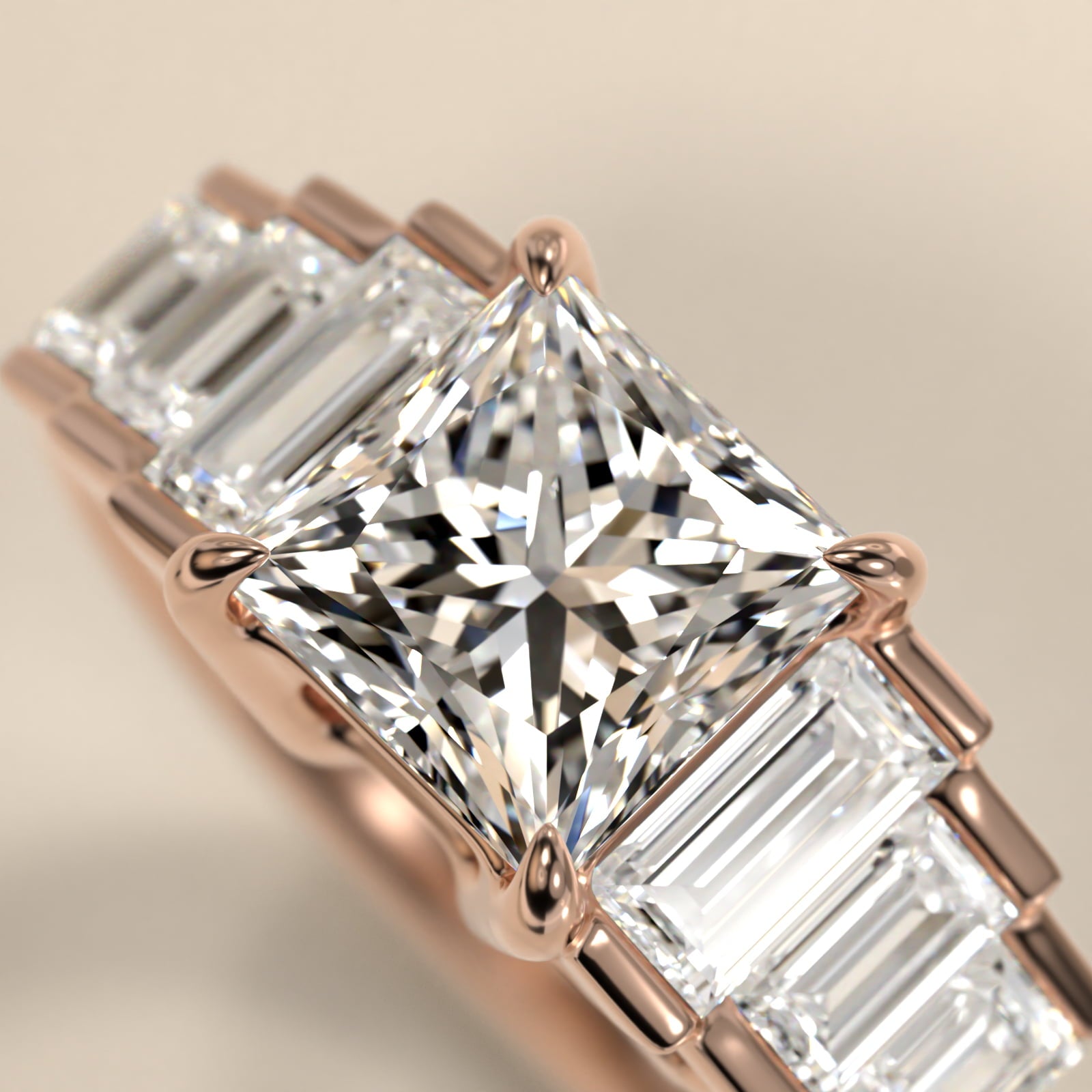 Escalating Baguette Side Stone Princess Diamond Engagement Ring