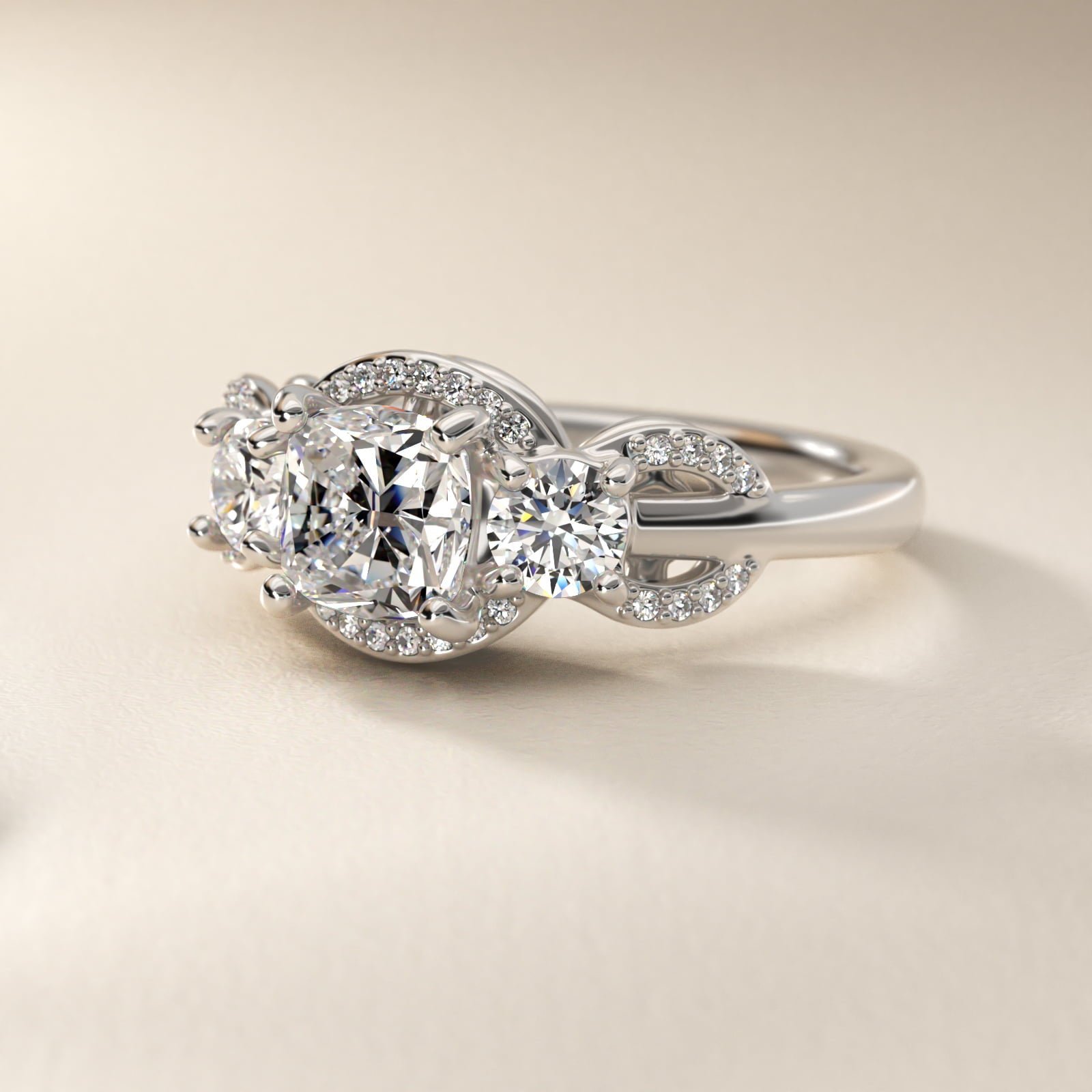 Pavé Silhouette Cushion-Cut Diamond Engagement Ring