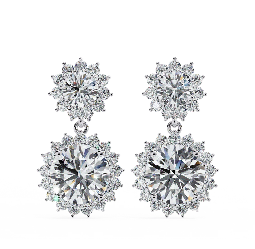 Double Halo Round Diamond Drop Earrings