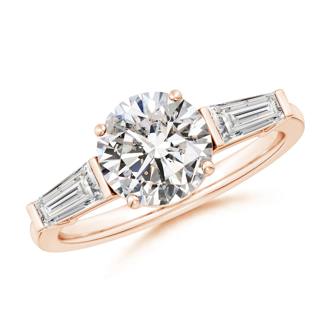 Round And Tapered Baguette Diamond Side Stone Engagement Ring