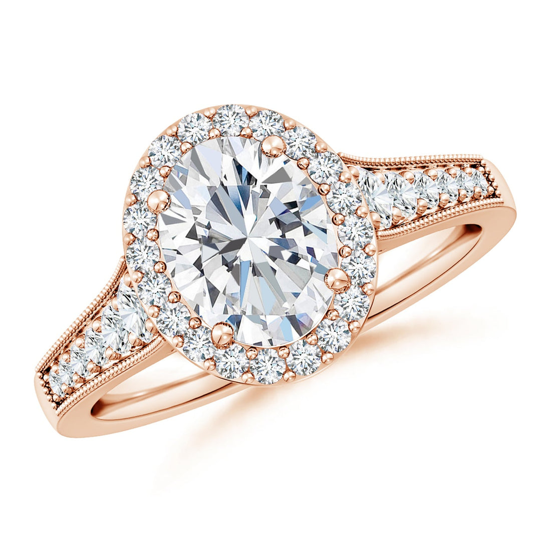 Oval Lab Grown Diamond Halo Engagement Ring with Milgrain Band