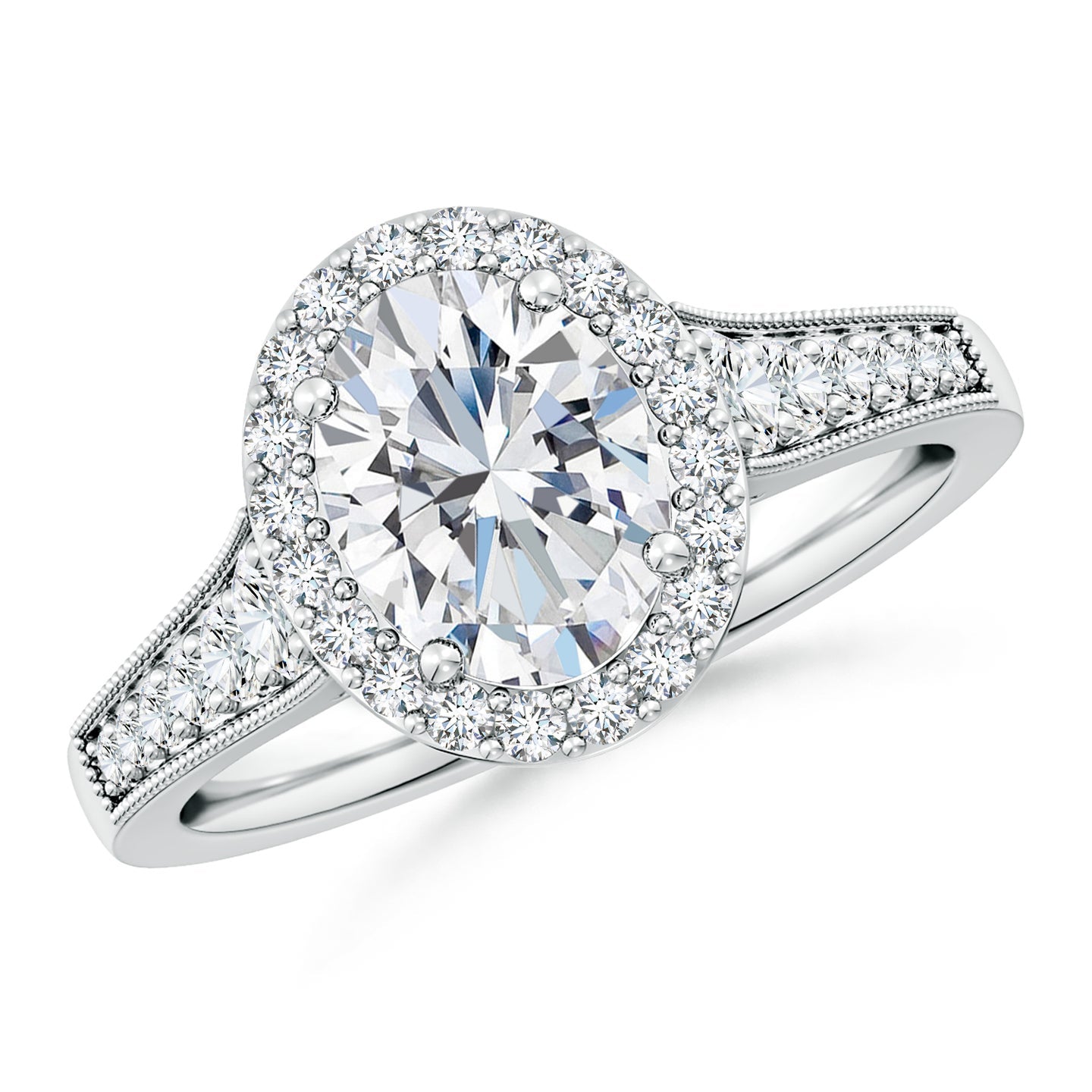 Oval Lab Grown Diamond Halo Engagement Ring with Milgrain Band
