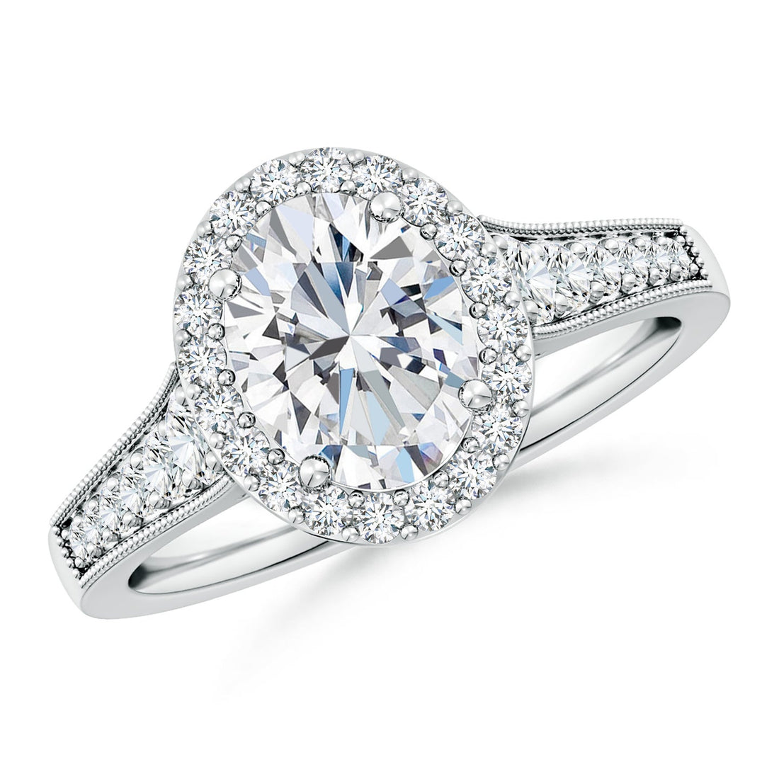 Oval Lab Grown Diamond Halo Engagement Ring with Milgrain Band