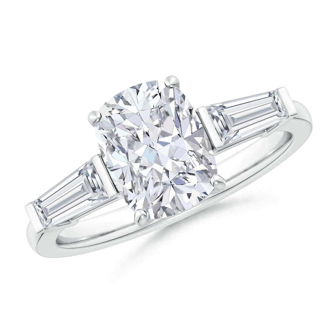 Lab-Grown Cushion Rectangular And Tapered Baguette Diamond Side Stone Engagement Ring