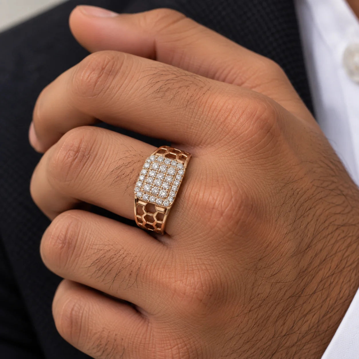Rectangular Halo Round Diamond Men's Ring