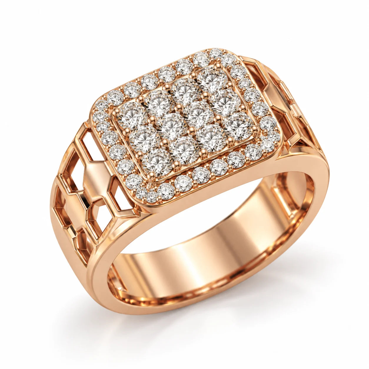Rectangular Halo Round Diamond Men's Ring