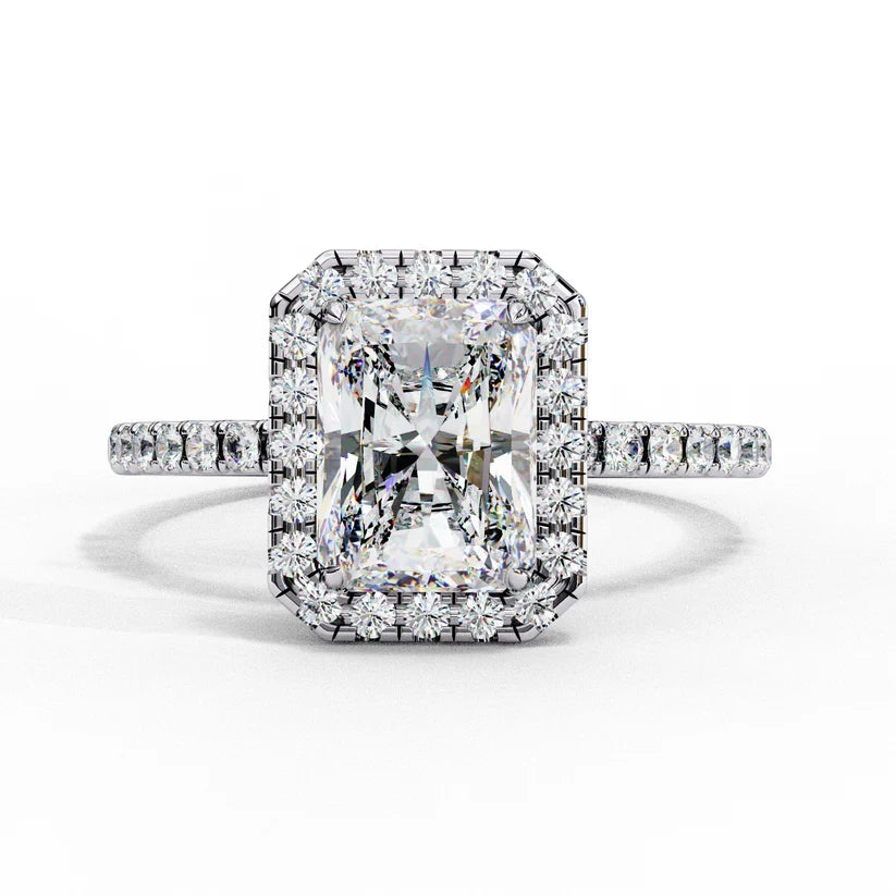 Radiant Cut Halo Diamond Engagement Ring with Pavé Band in Yellow Gold