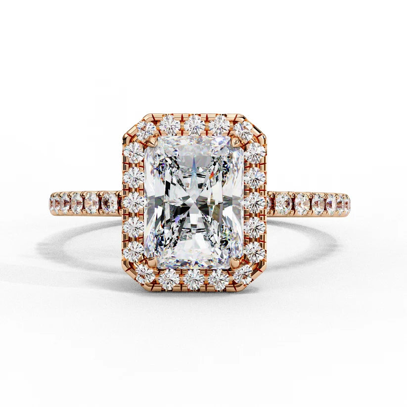 Radiant Cut Halo Diamond Engagement Ring with Pavé Band in Yellow Gold