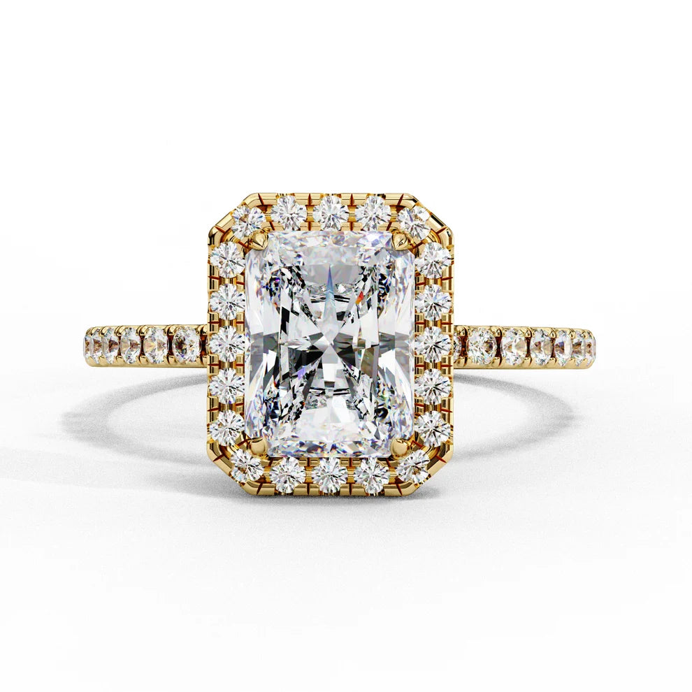 Radiant Cut Halo Diamond Engagement Ring with Pavé Band in Yellow Gold