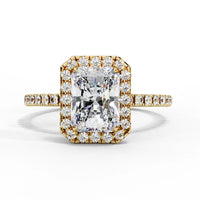 Radiant Cut Halo Diamond Engagement Ring with Pavé Band in Yellow Gold