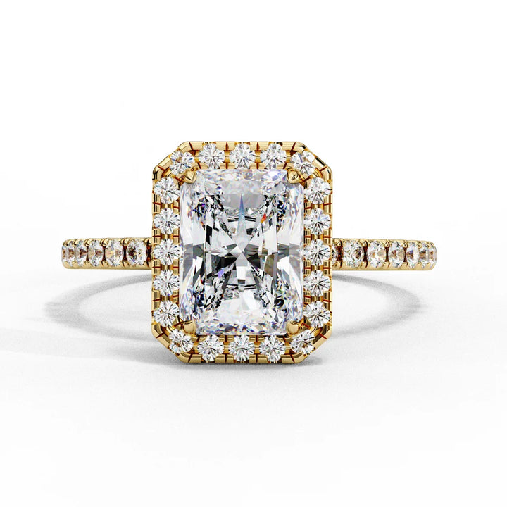Radiant Cut Halo Diamond Engagement Ring with Pavé Band in Yellow Gold