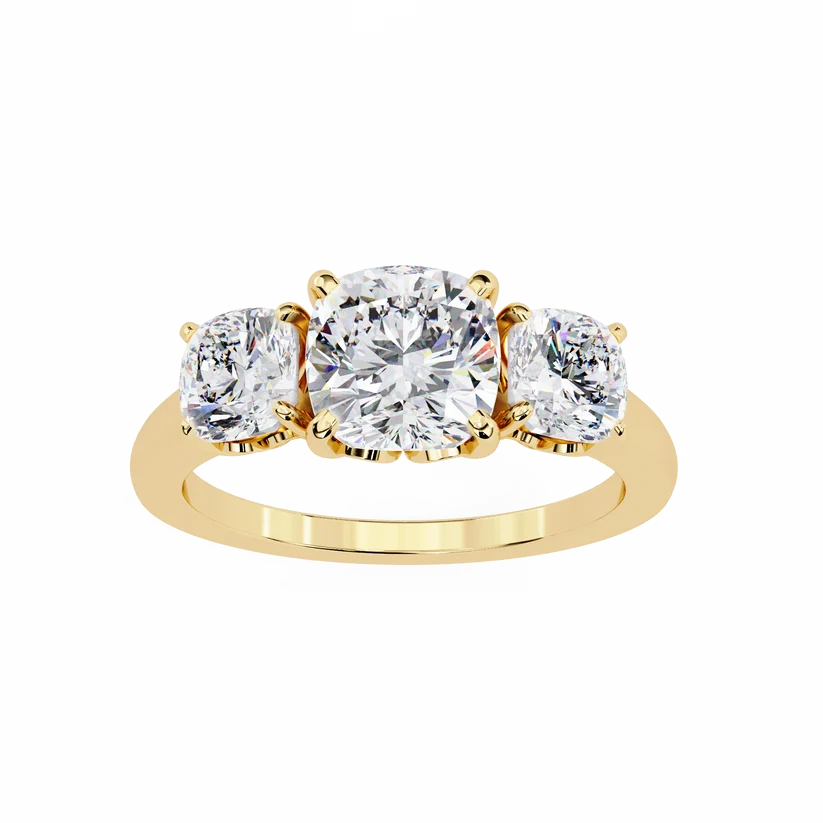 Cushion Brilliant Three Stone Diamond Engagement Ring | Solid Yellow Gold | Classic Trilogy Ring | Timeless Diamond Ring | Gift for Her