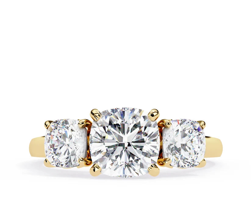 Cushion Brilliant Three Stone Diamond Engagement Ring | Solid Yellow Gold | Classic Trilogy Ring | Timeless Diamond Ring | Gift for Her