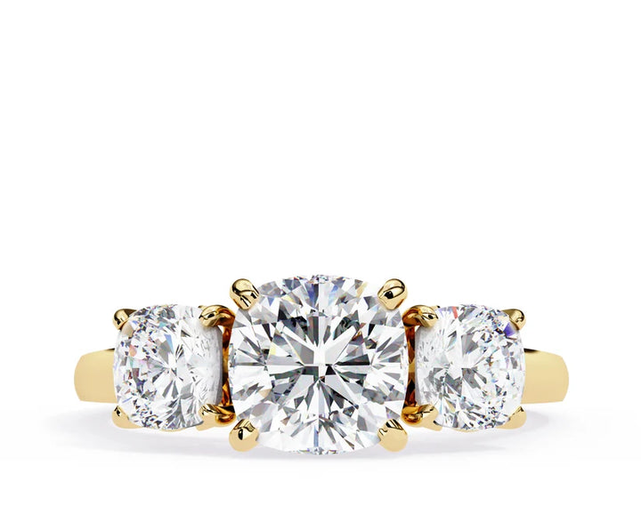 Cushion Brilliant Three Stone Diamond Engagement Ring | Solid Yellow Gold | Classic Trilogy Ring | Timeless Diamond Ring | Gift for Her