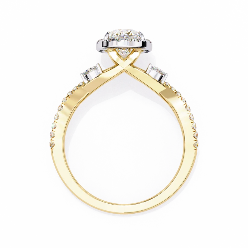 Oval Halo Diamond Engagement Ring | Solid Yellow Gold | Twisted Pavé Band | Marquise Accent Diamonds