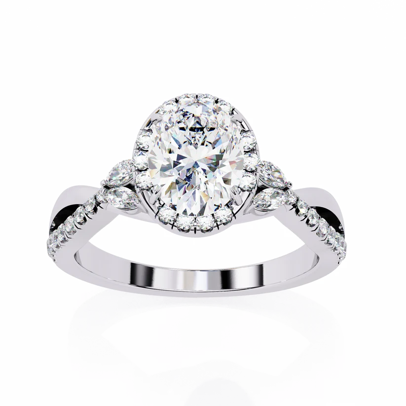 Oval Halo Diamond Engagement Ring | Solid Yellow Gold | Twisted Pavé Band | Marquise Accent Diamonds